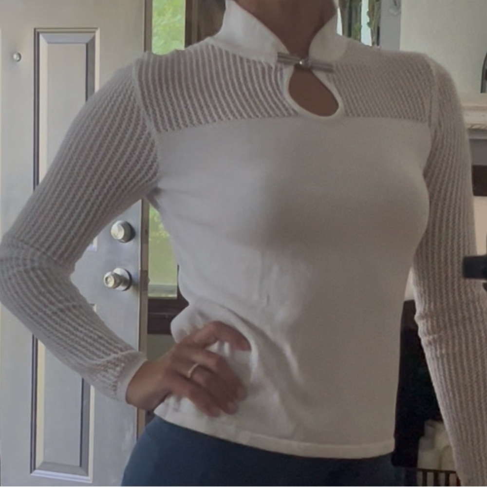 Commense White Ribbed Mandarin Collar Blouse